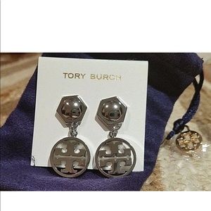 Silver Tory Burch circle logo earrings with duster